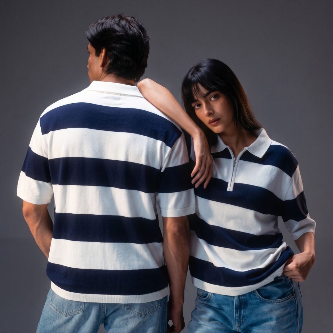 Navy Block Stripe Zip Polo Shirt