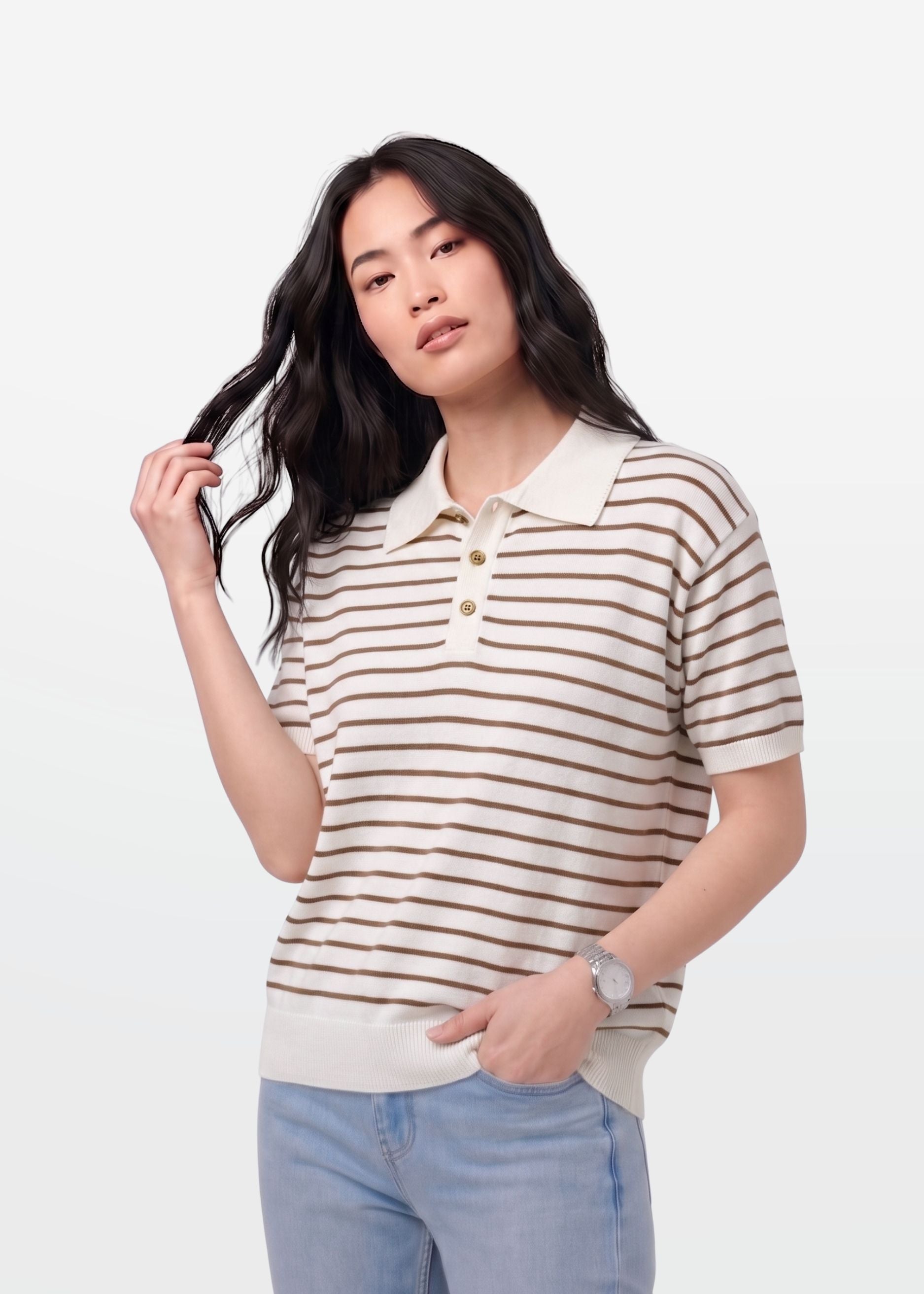 Brown Stripe Knit Polo Shirt
