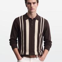 Brown Ivory Vertical Stripe Knit Polo