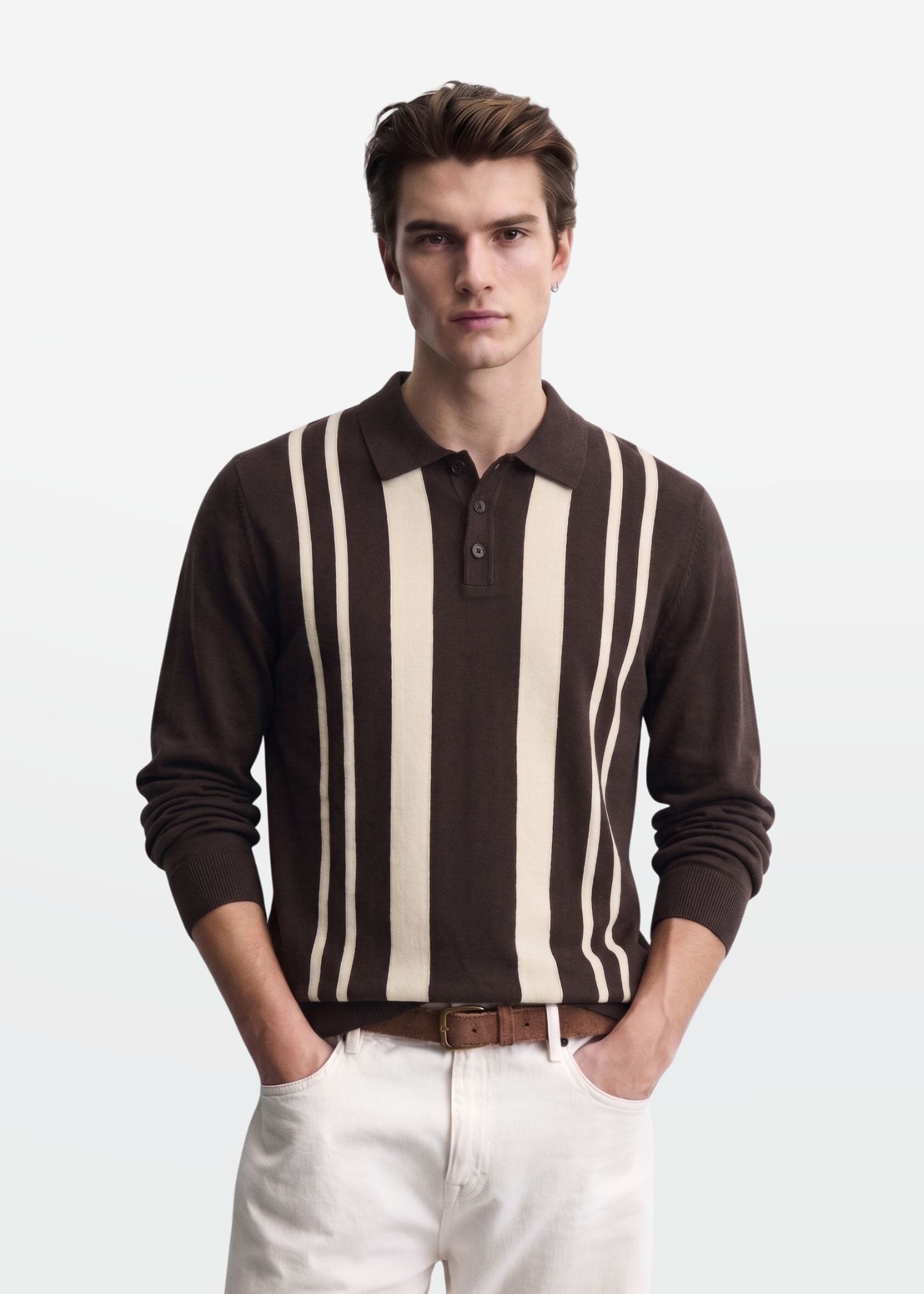 Brown Ivory Vertical Stripe Knit Polo