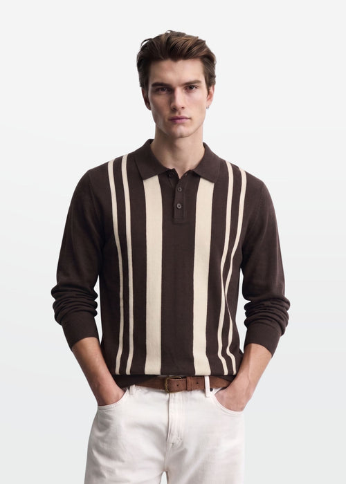 Brown Ivory Vertical Stripe Knit Polo — Men's Cotton Knit Polo | Eagle Ray
