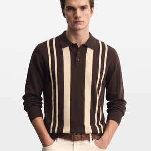 Brown Ivory Vertical Stripe Knit Polo