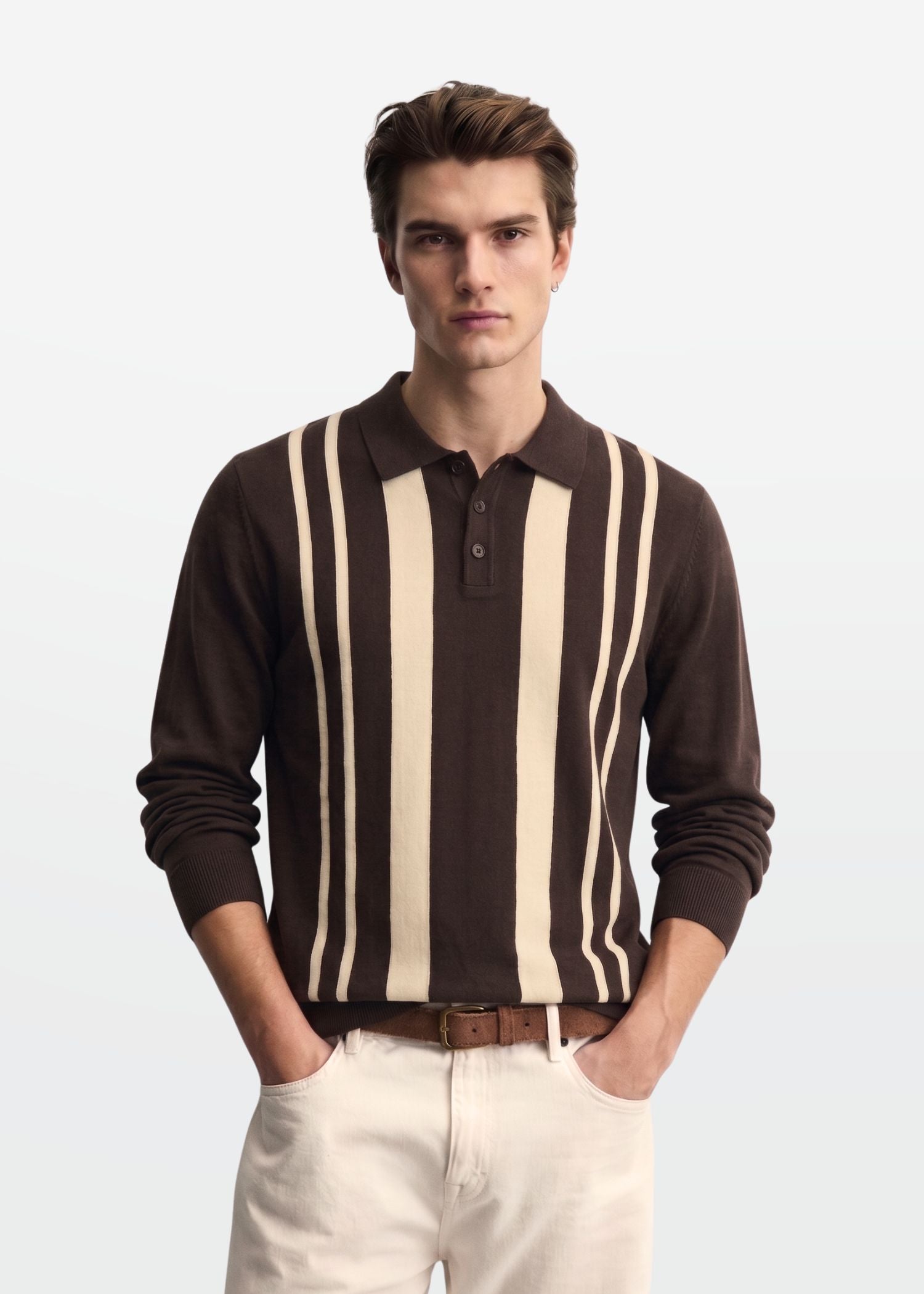 Brown Ivory Vertical Stripe Knit Polo