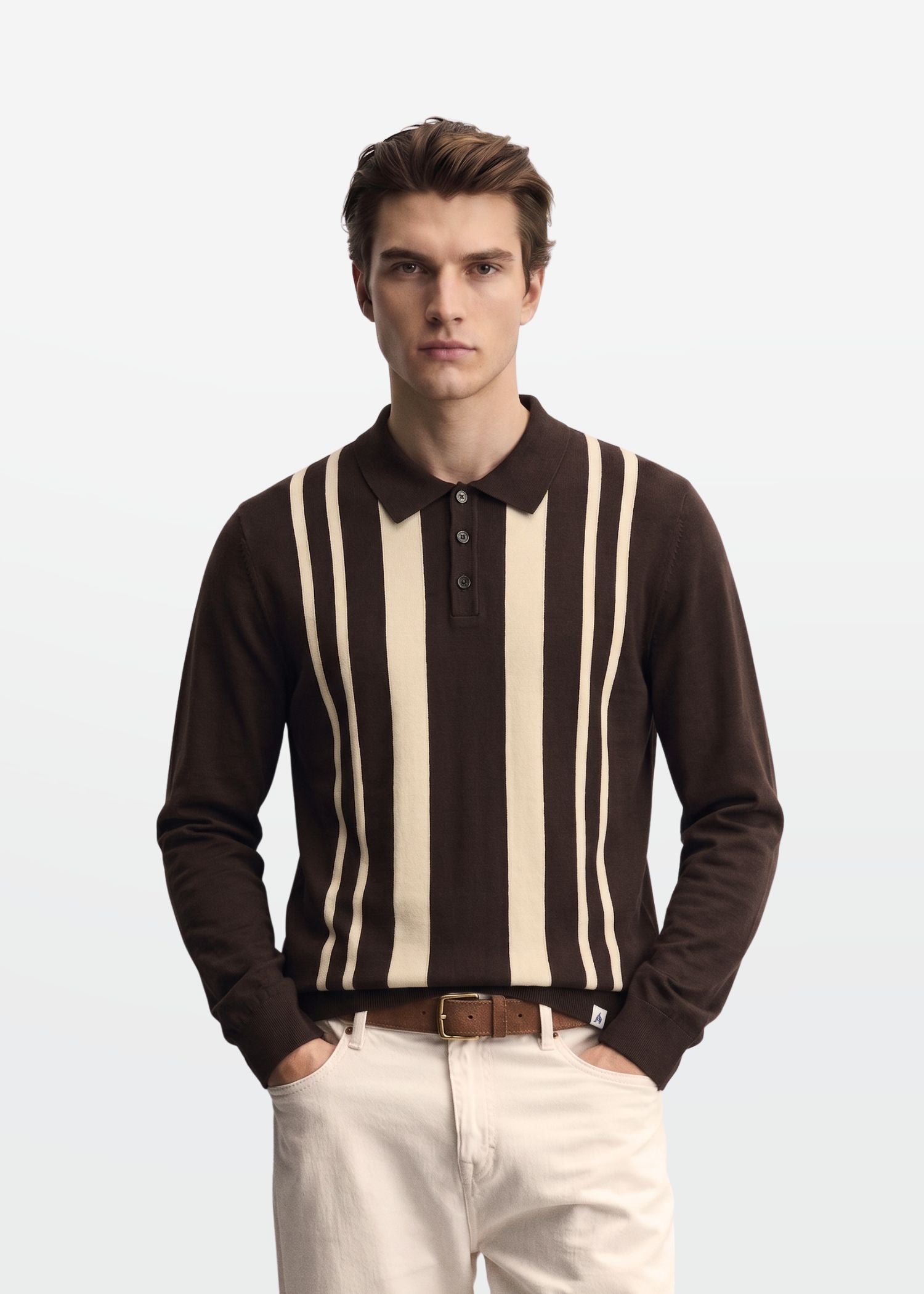 Brown Ivory Vertical Stripe Knit Polo