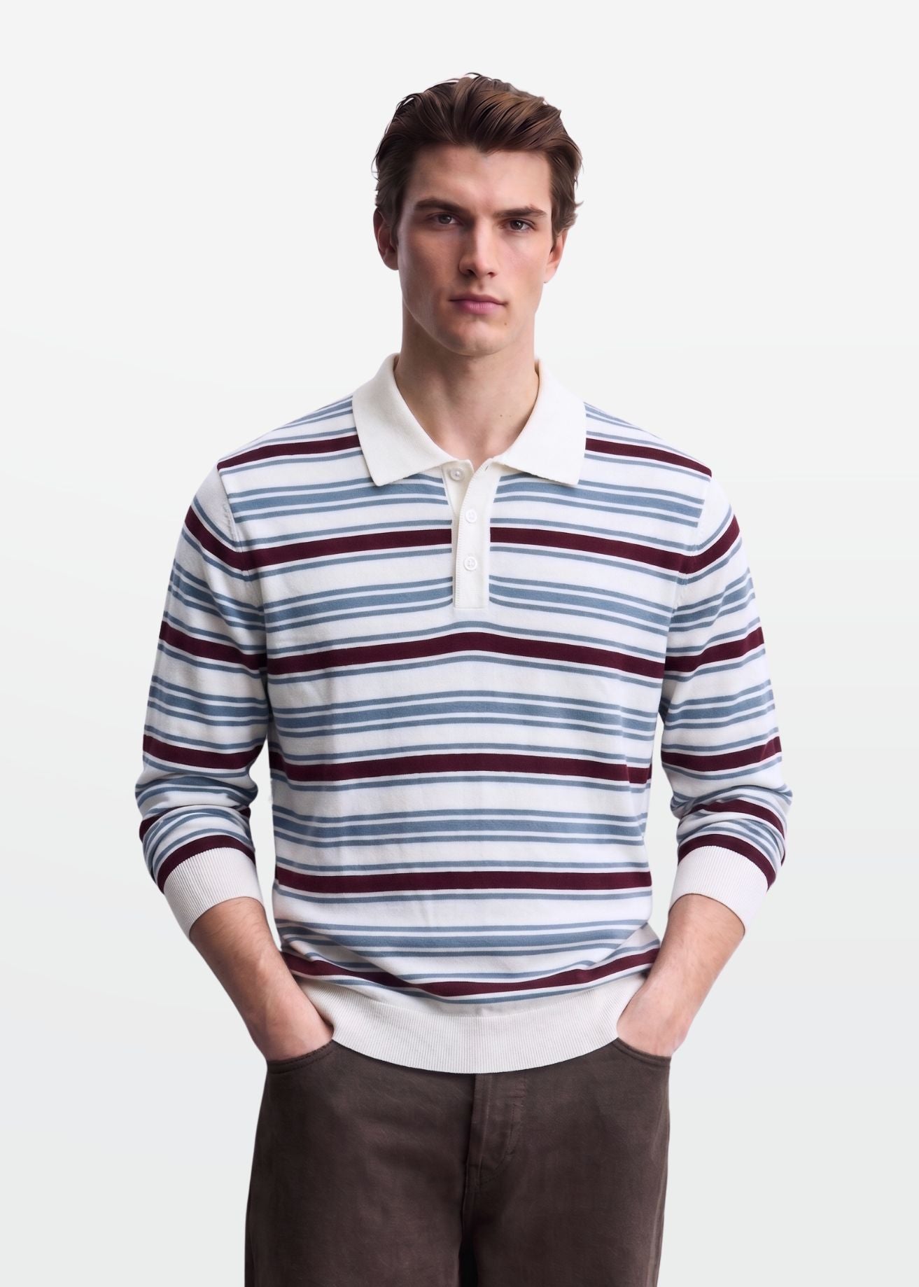 Ivory Multi Stripe Full Sleeve Knit Polo