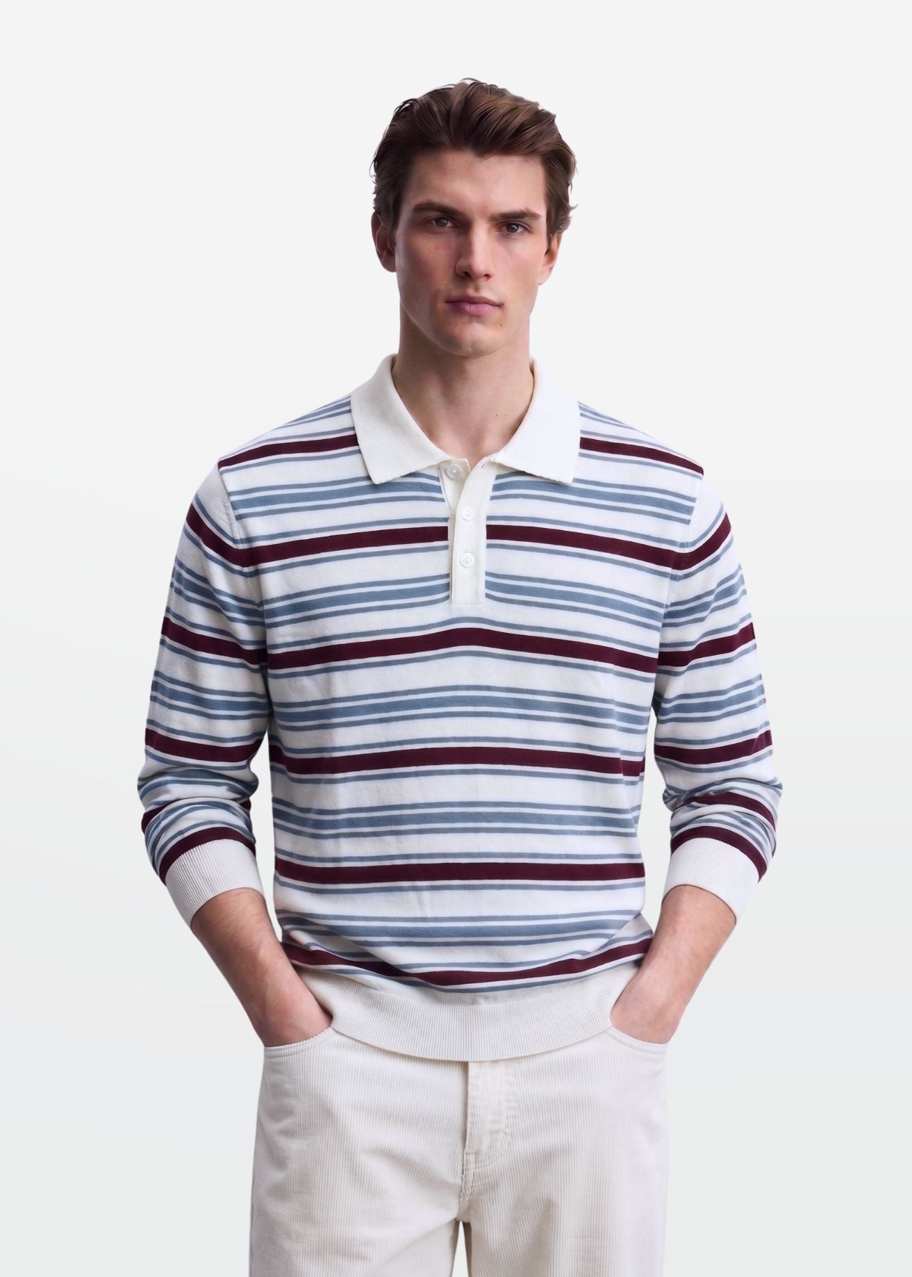 Ivory Multi Stripe Full Sleeve Knit Polo