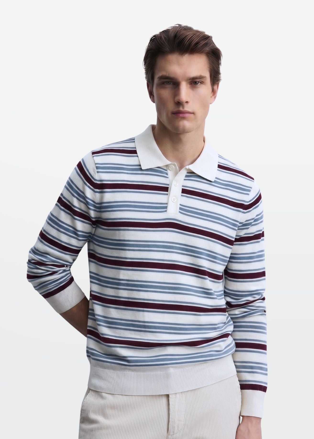 Ivory Multi Stripe Full Sleeve Knit Polo