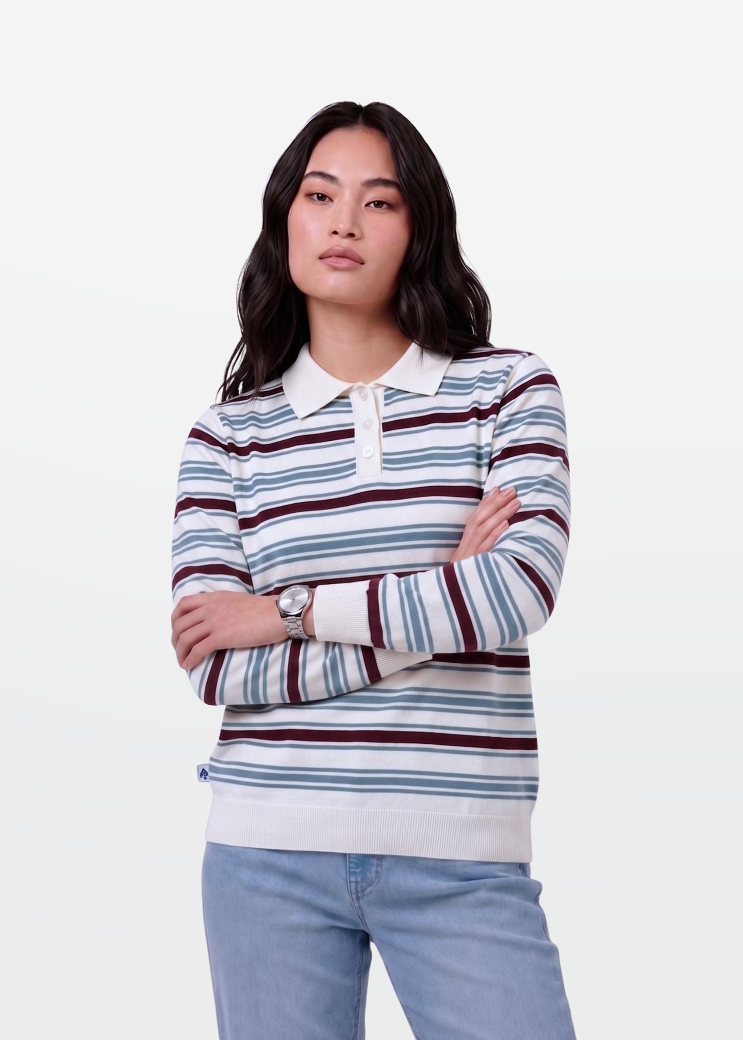 Ivory Multi Stripe Full Sleeve Knit Polo