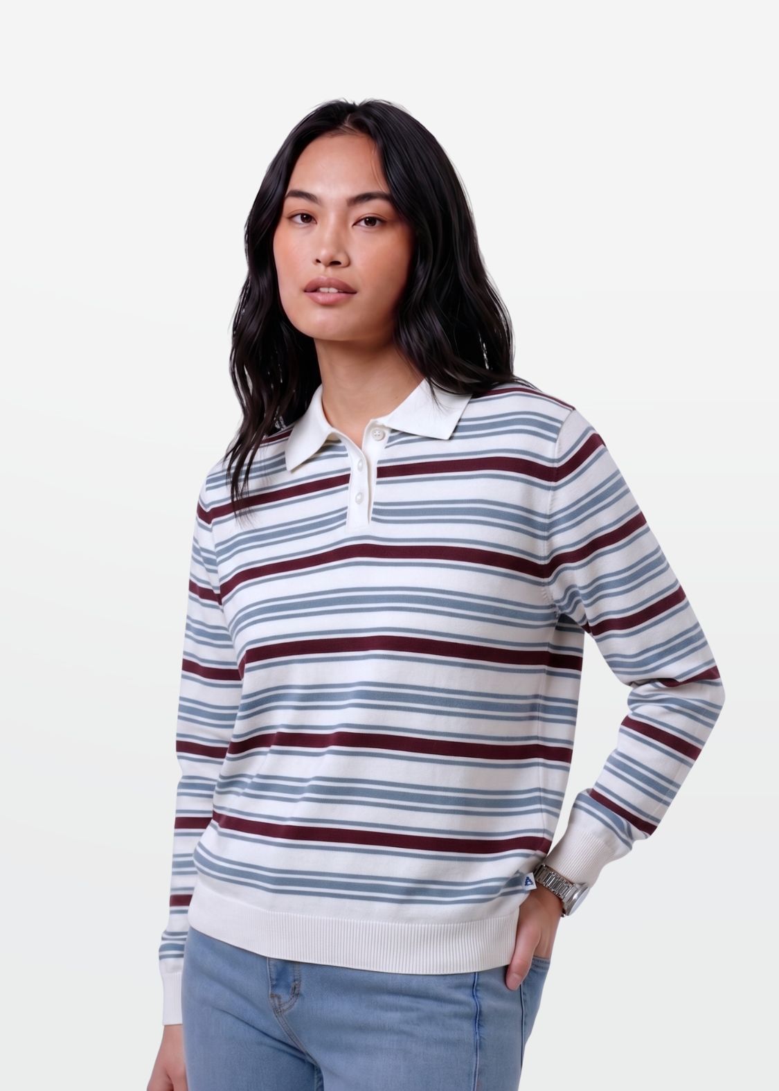 Ivory Multi Stripe Full Sleeve Knit Polo