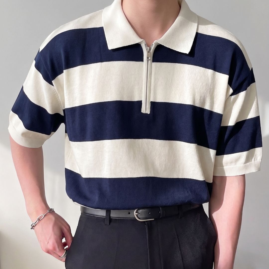 Navy Block Stripe Zip Polo Shirt