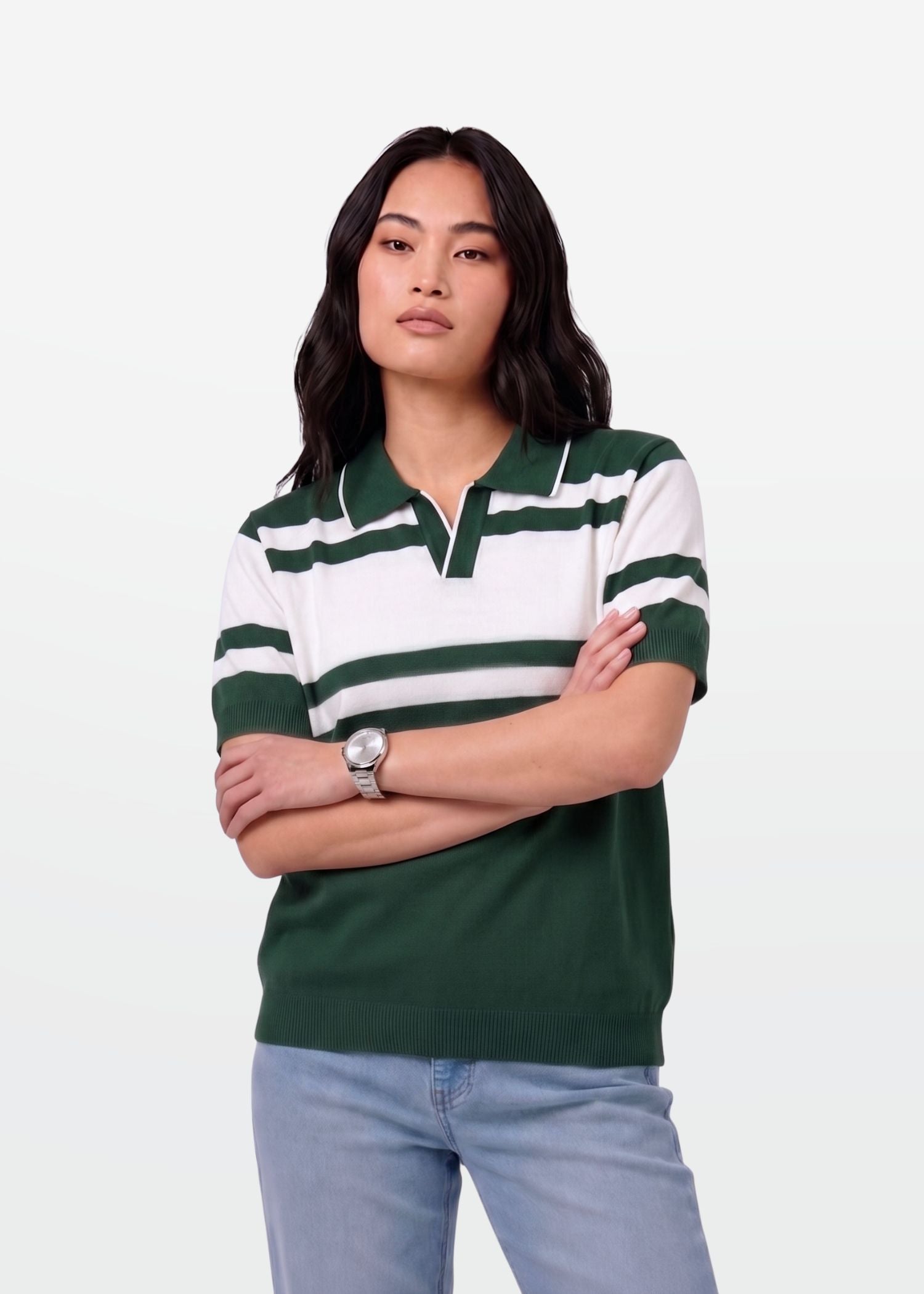 Forest Green Stripe J Collar Knit Polo
