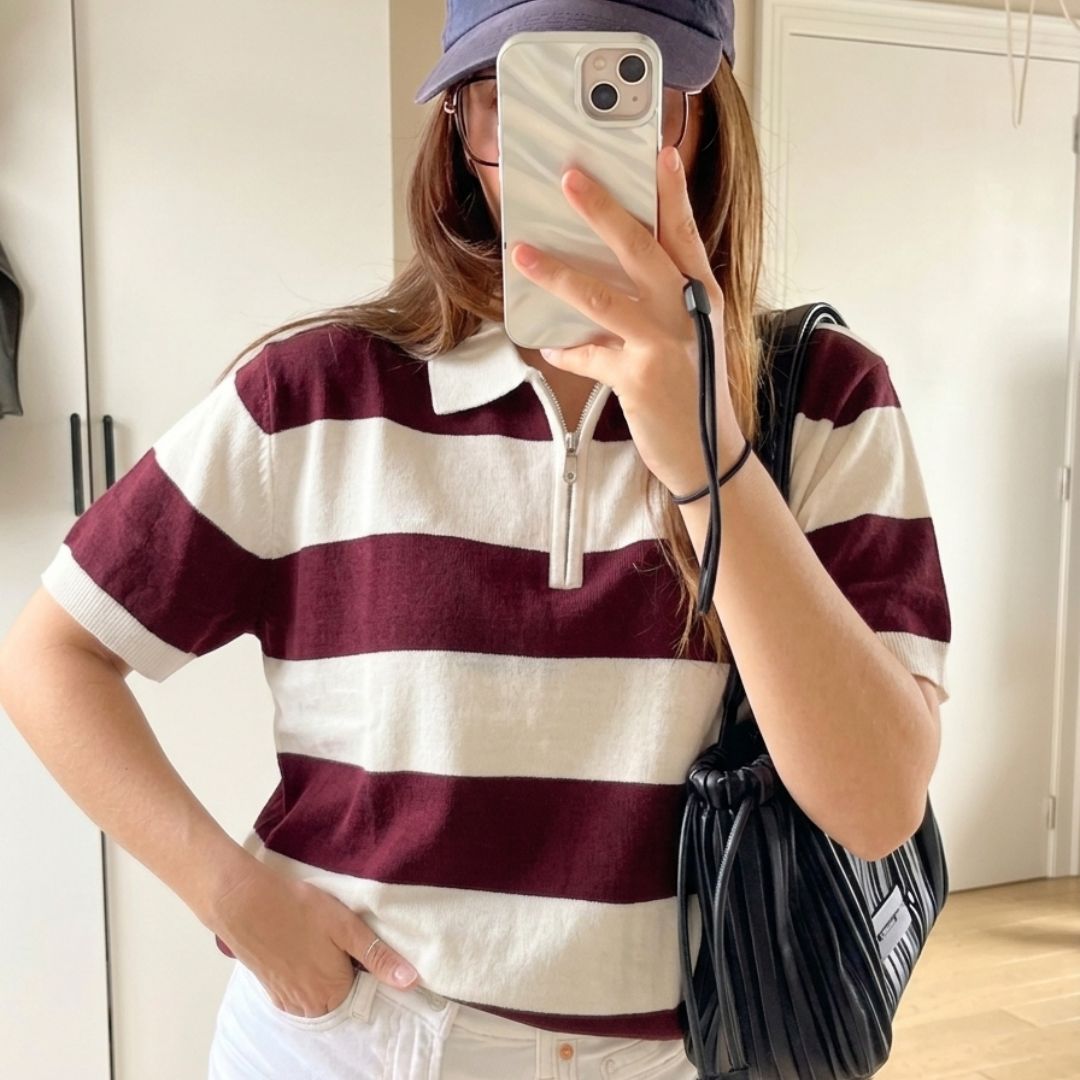 Maroon Block Stripe Zip Polo Shirt