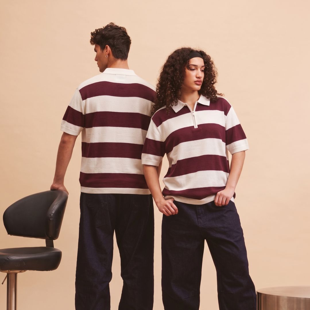 Maroon Block Stripe Zip Polo Shirt