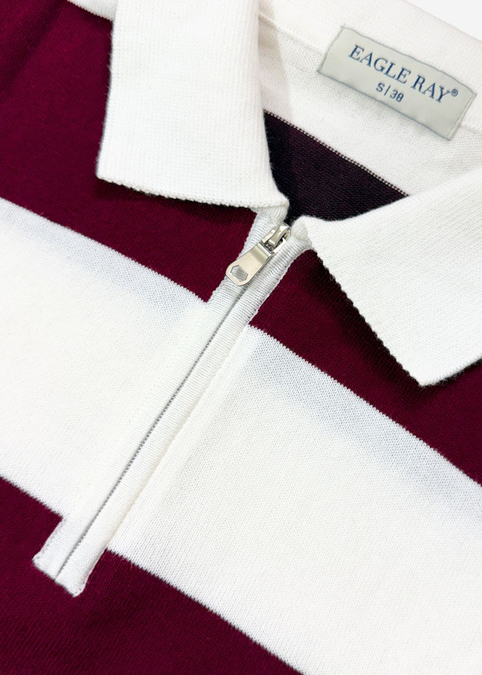 Maroon Block Stripe Zip Polo Shirt
