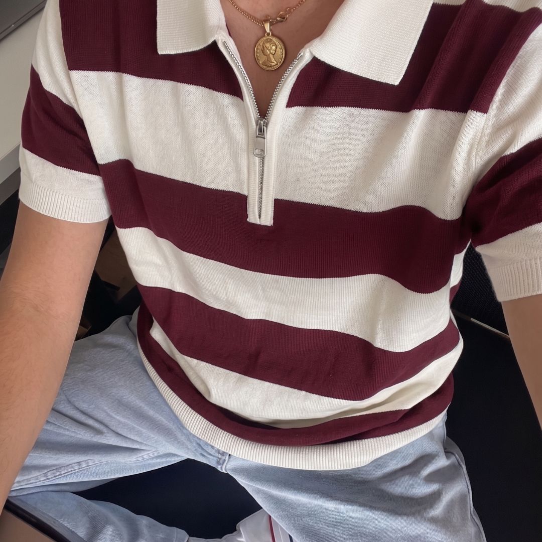 Maroon Block Stripe Zip Polo Shirt