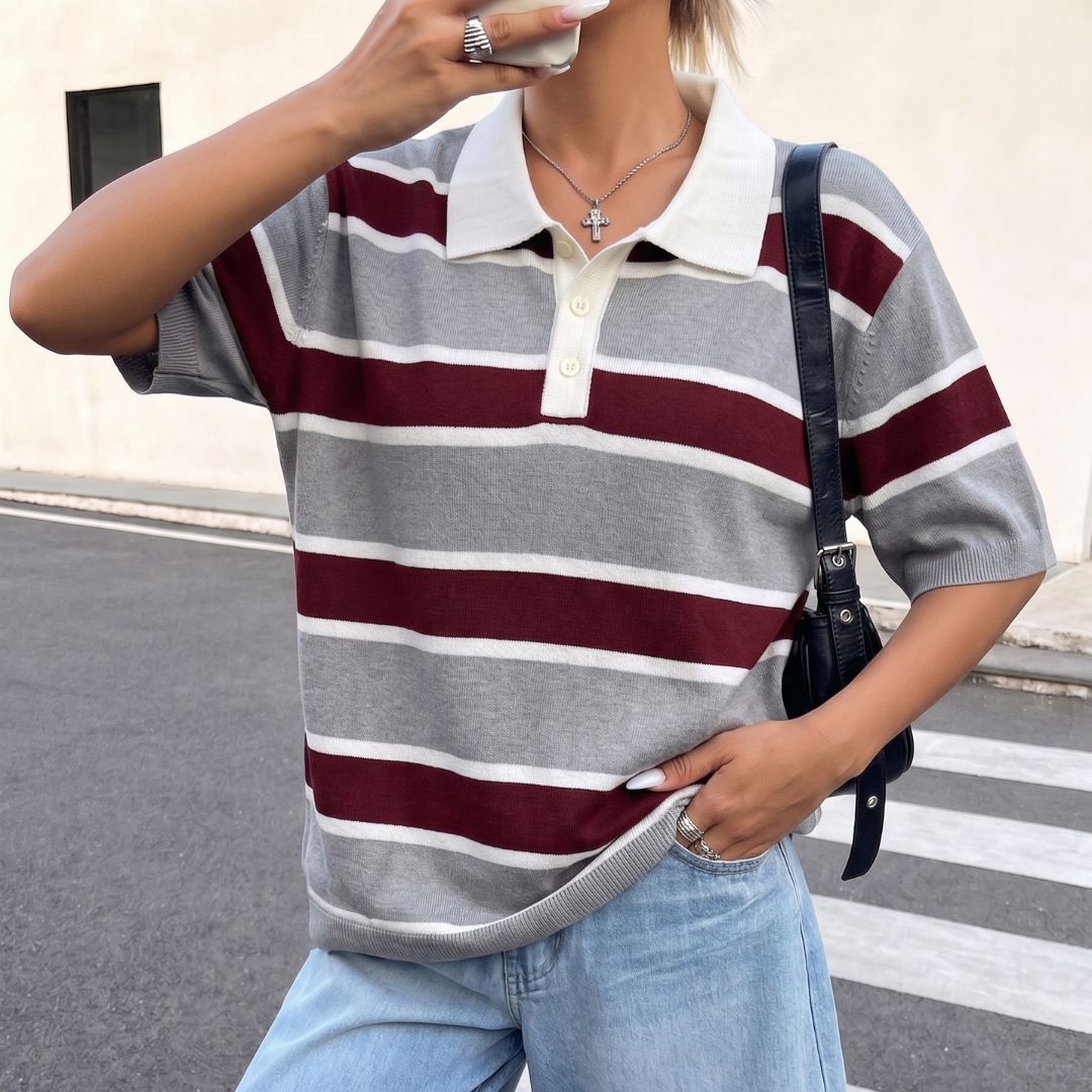 Grey Maroon Multi Stripe Knit Polo Shirt