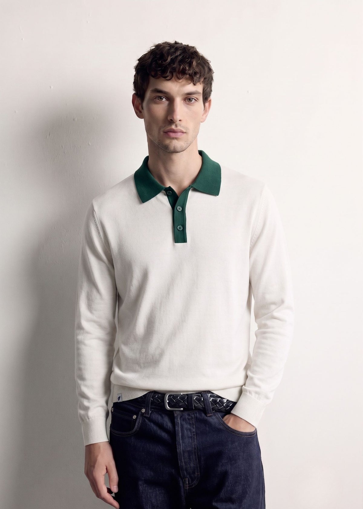 White Green Contrast Collar Knit Polo — Men's Knit Polo India | Eagle Ray