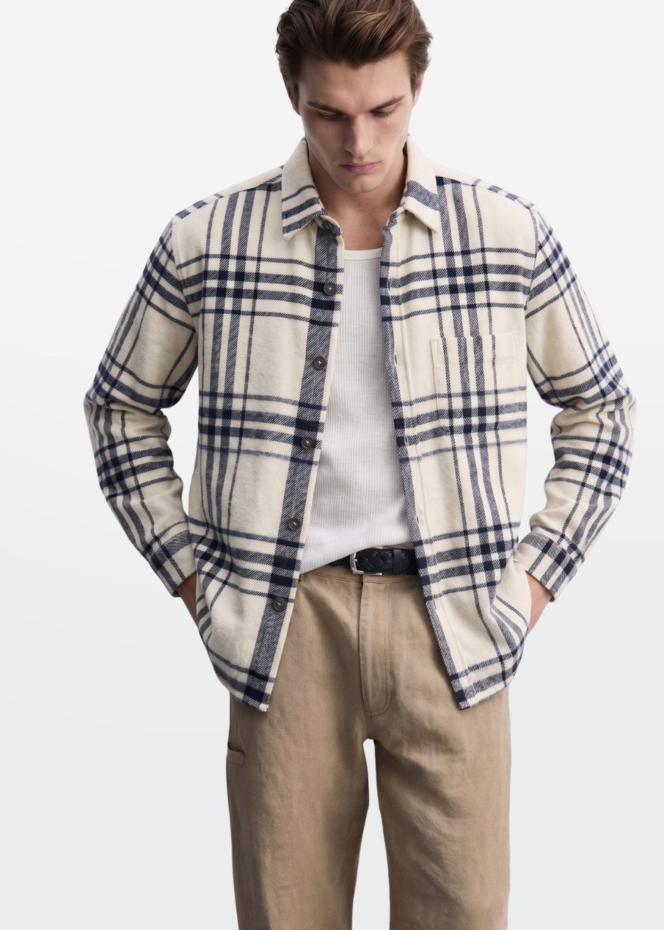 Cream Navy Plaid Flannel Overshirt — Men's Layering Shirt | Eagle Ray