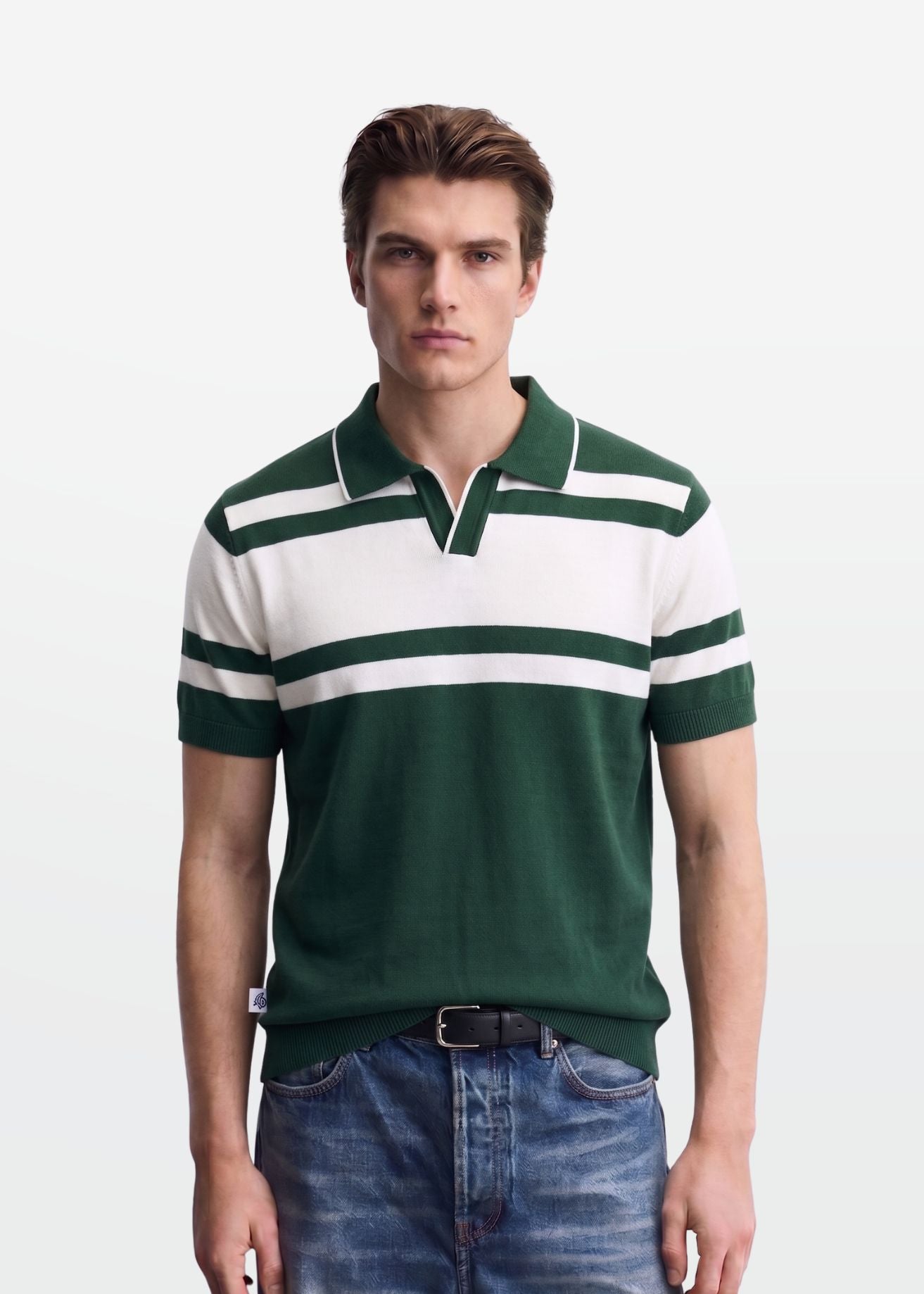 Forest Green Stripe J Collar Knit Polo — Men's Open Collar Knit Polo | Eagle Ray