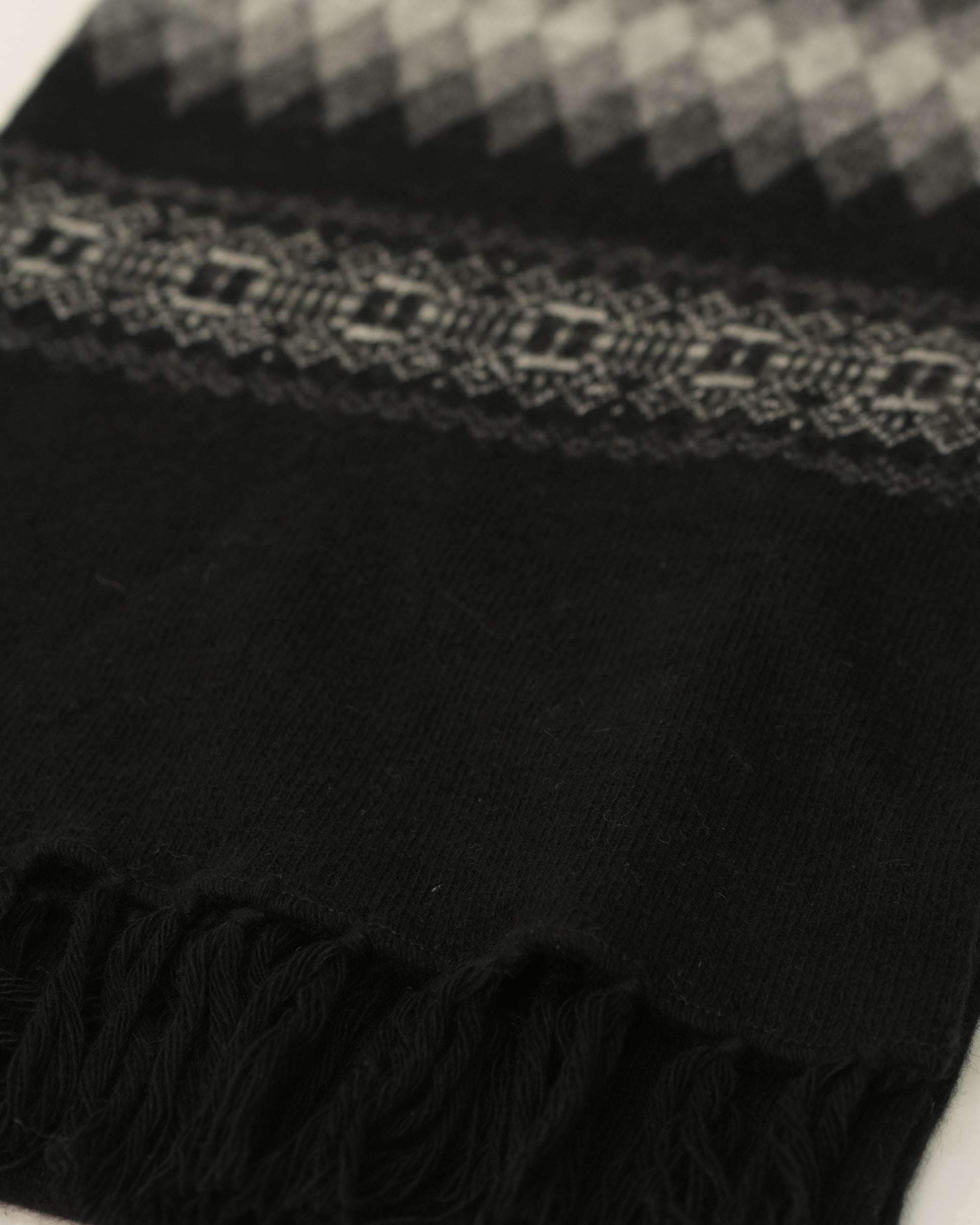 Close-up of a black scarf with textured edge and patterned border.