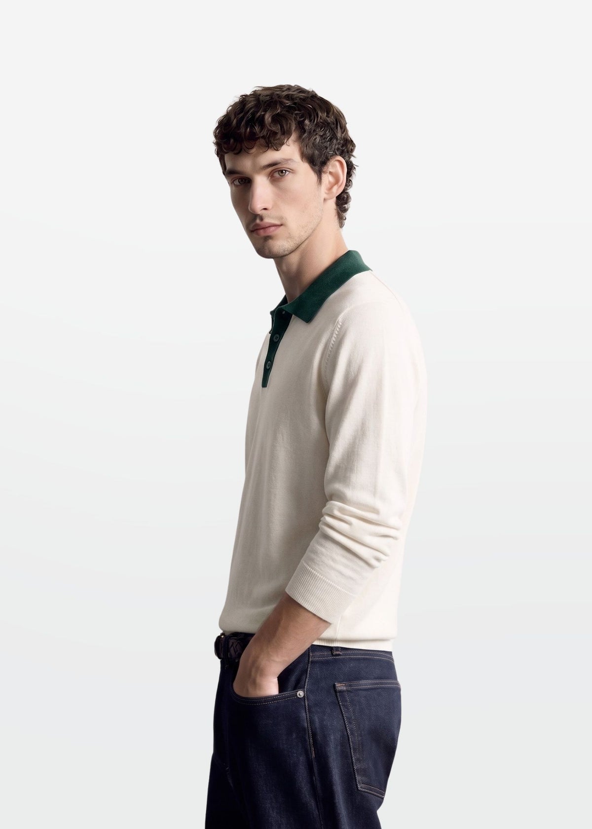 White Green Contrast Collar Knit Polo