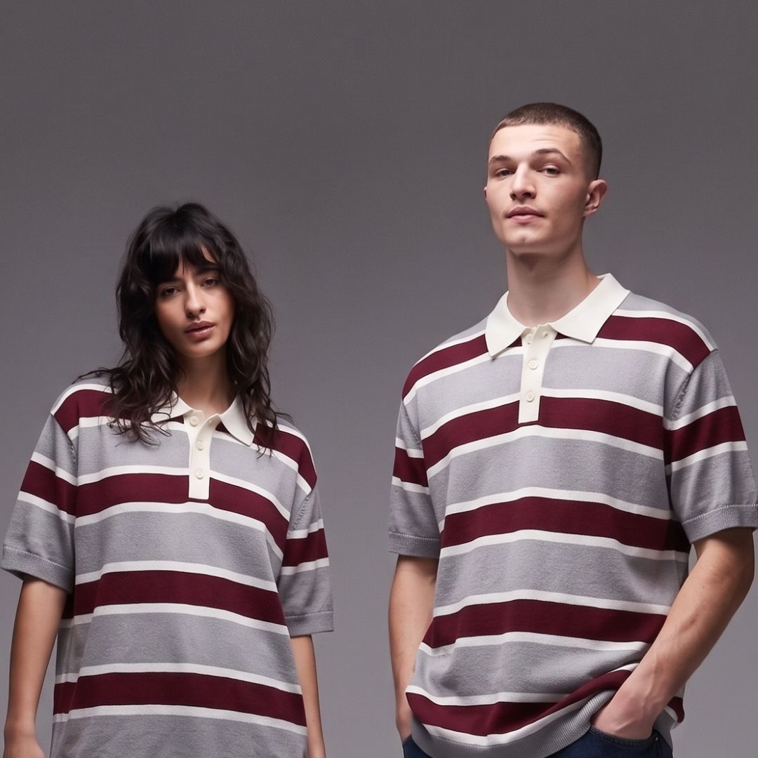 Grey Maroon Multi Stripe Knit Polo Shirt