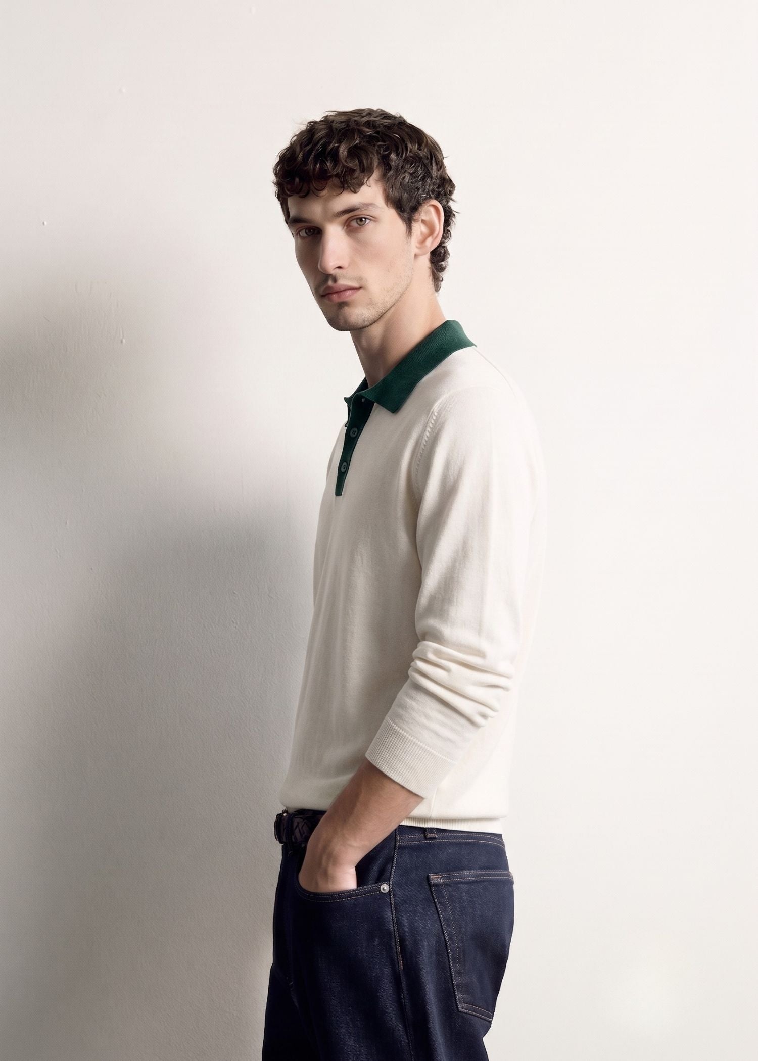 White Green Contrast Collar Knit Polo — Men's Knit Polo India | Eagle Ray