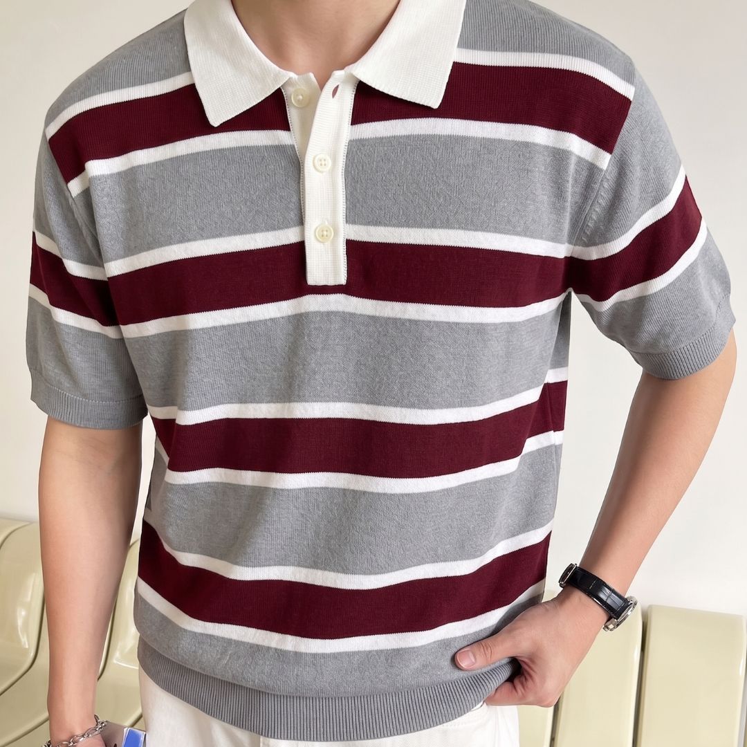 Grey Maroon Multi Stripe Knit Polo Shirt