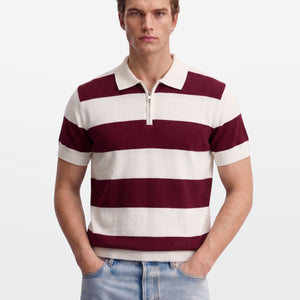 Maroon Block Stripe Zip Polo Shirt