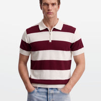Maroon Block Stripe Zip Polo Shirt
