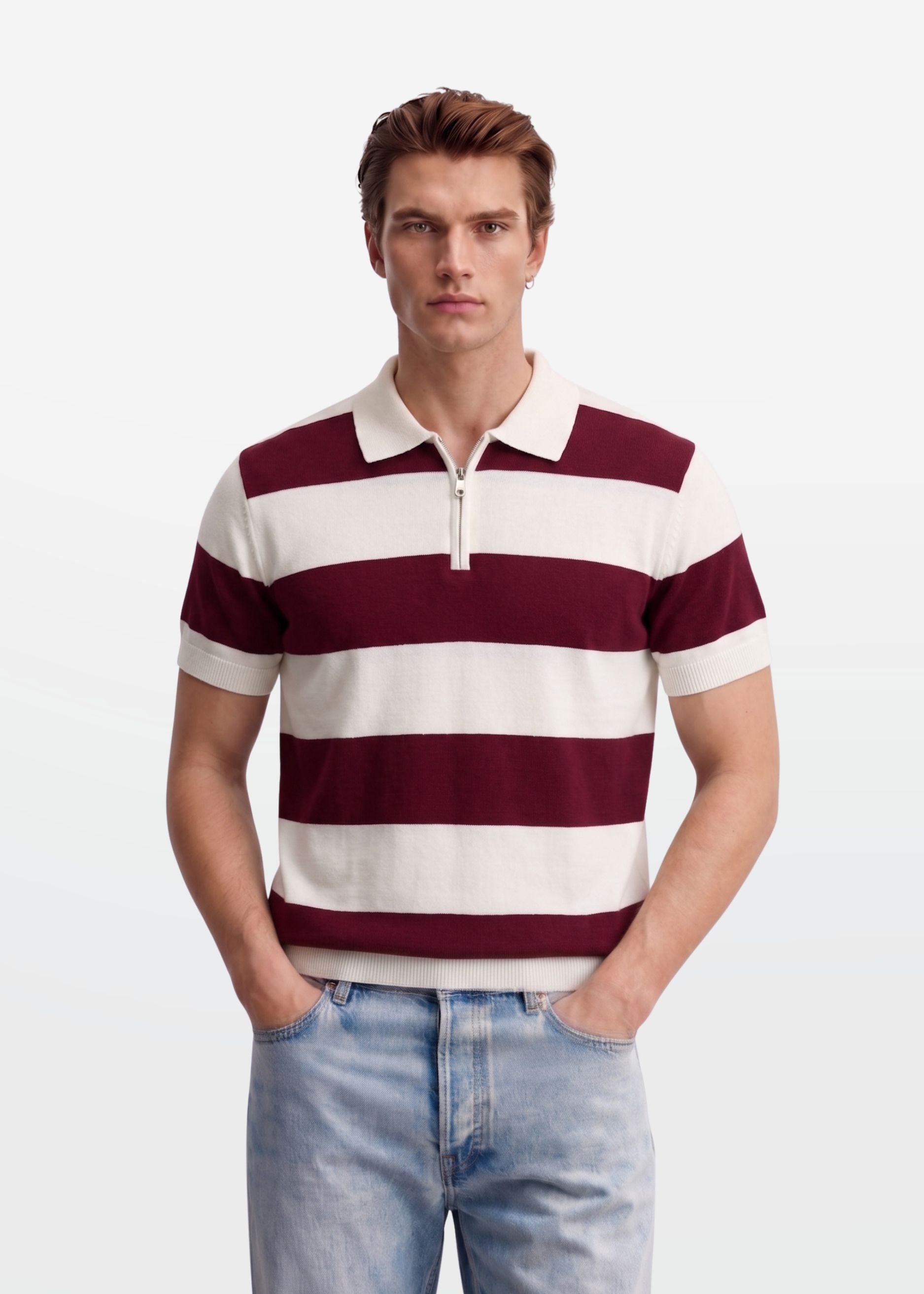 Maroon Block Stripe Zip Polo Shirt