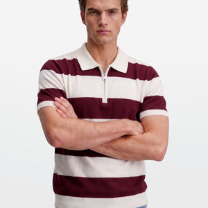 Maroon Block Stripe Zip Polo Shirt