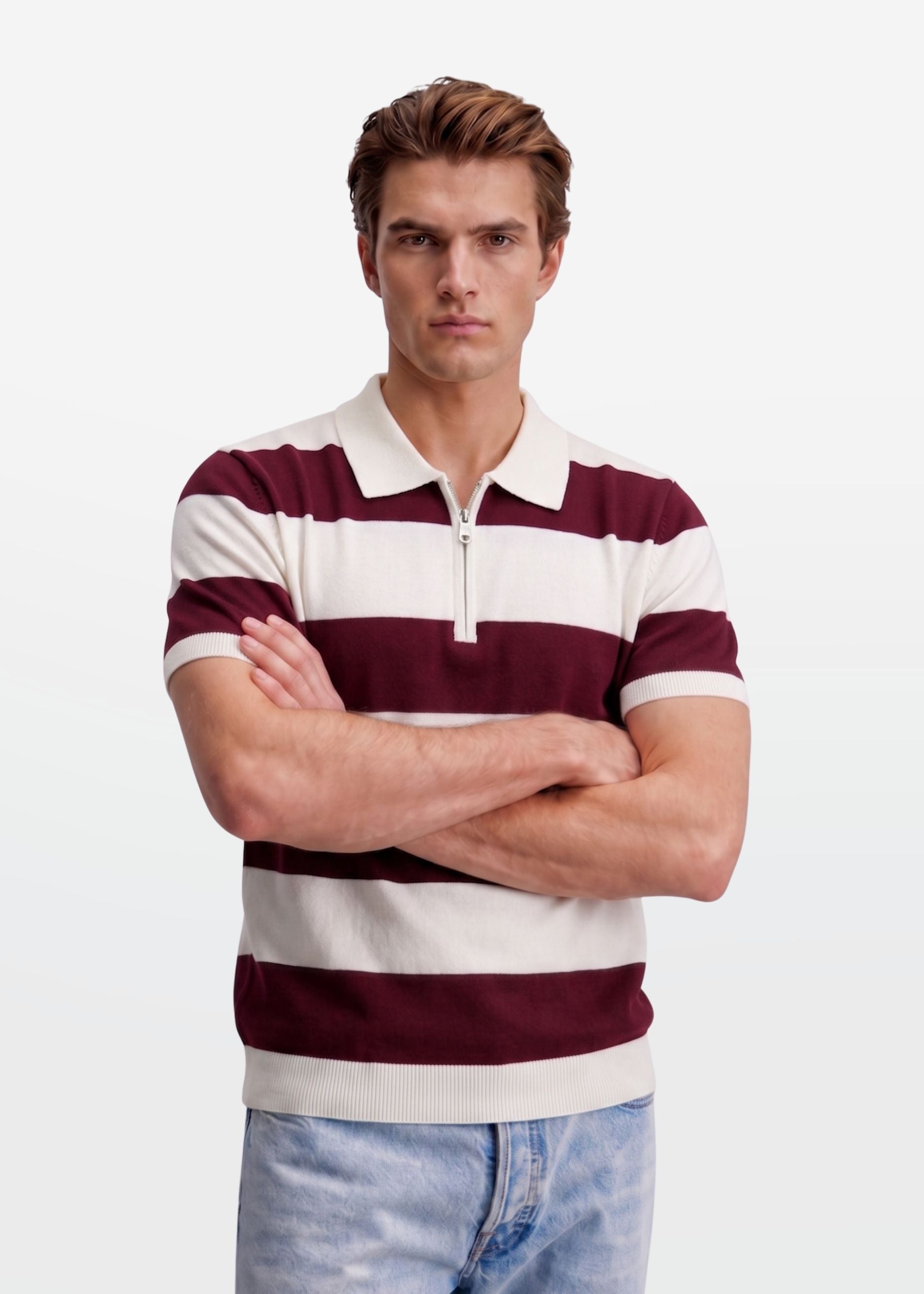 Maroon Block Stripe Zip Polo Shirt