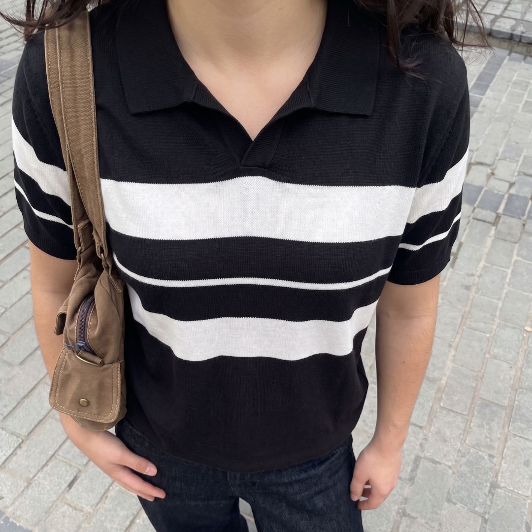 Black Stripe J Collar Knit Polo