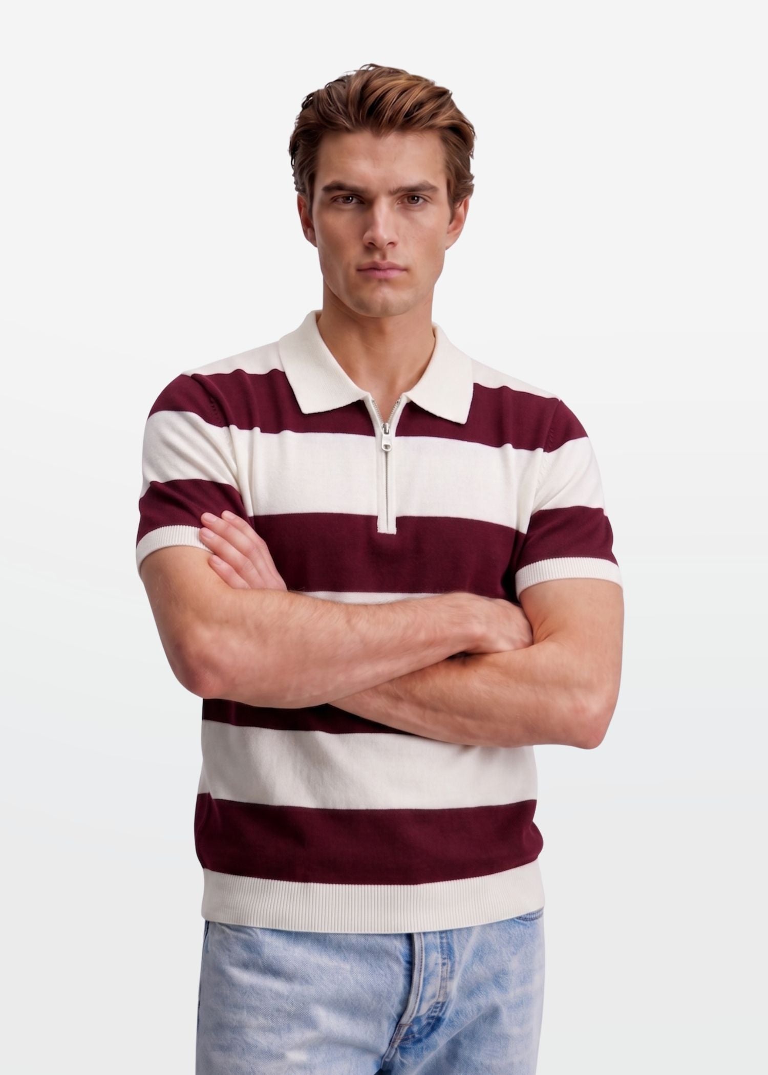 Maroon Block Stripe Zip Polo Shirt