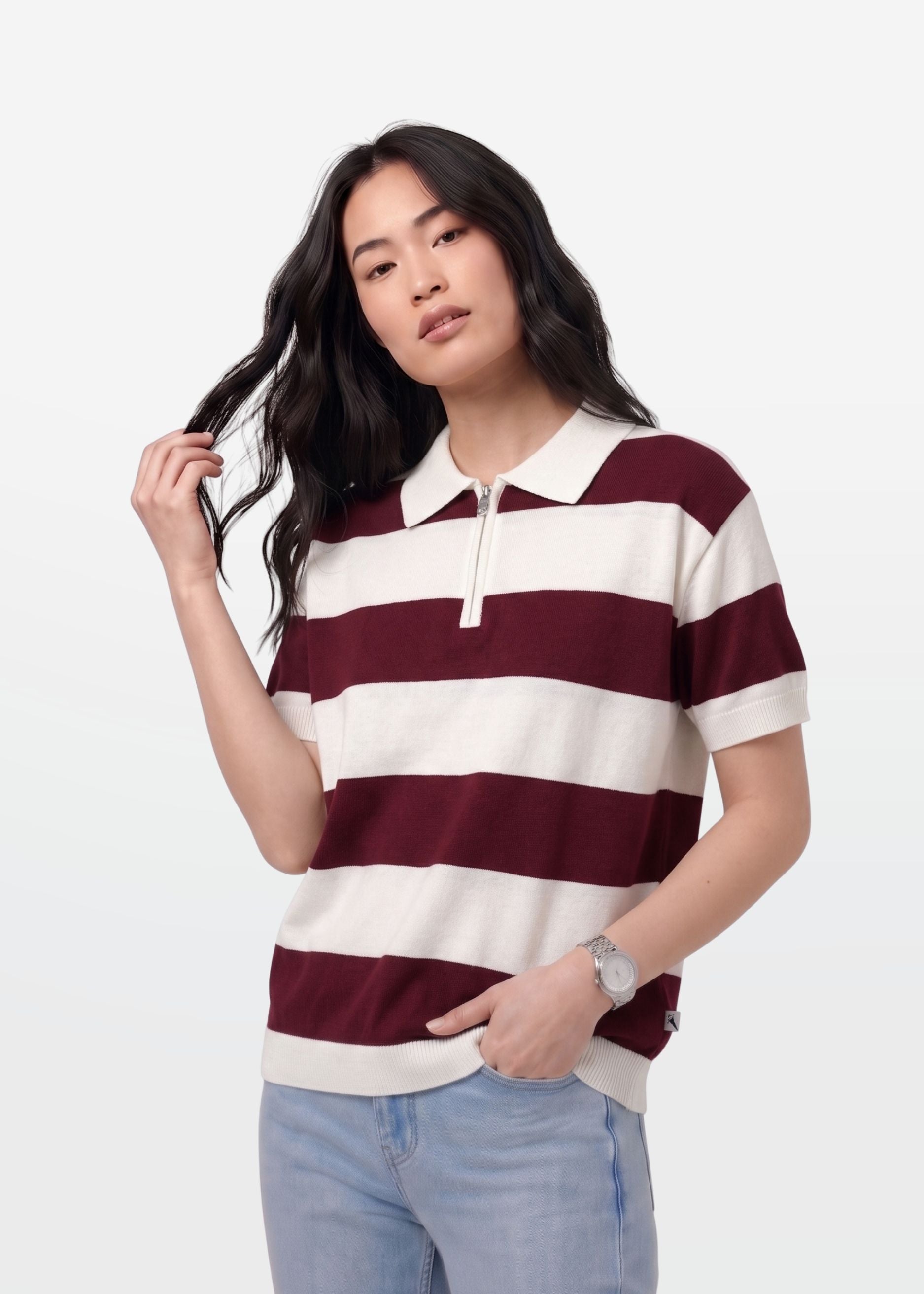 Maroon Block Stripe Zip Polo Shirt