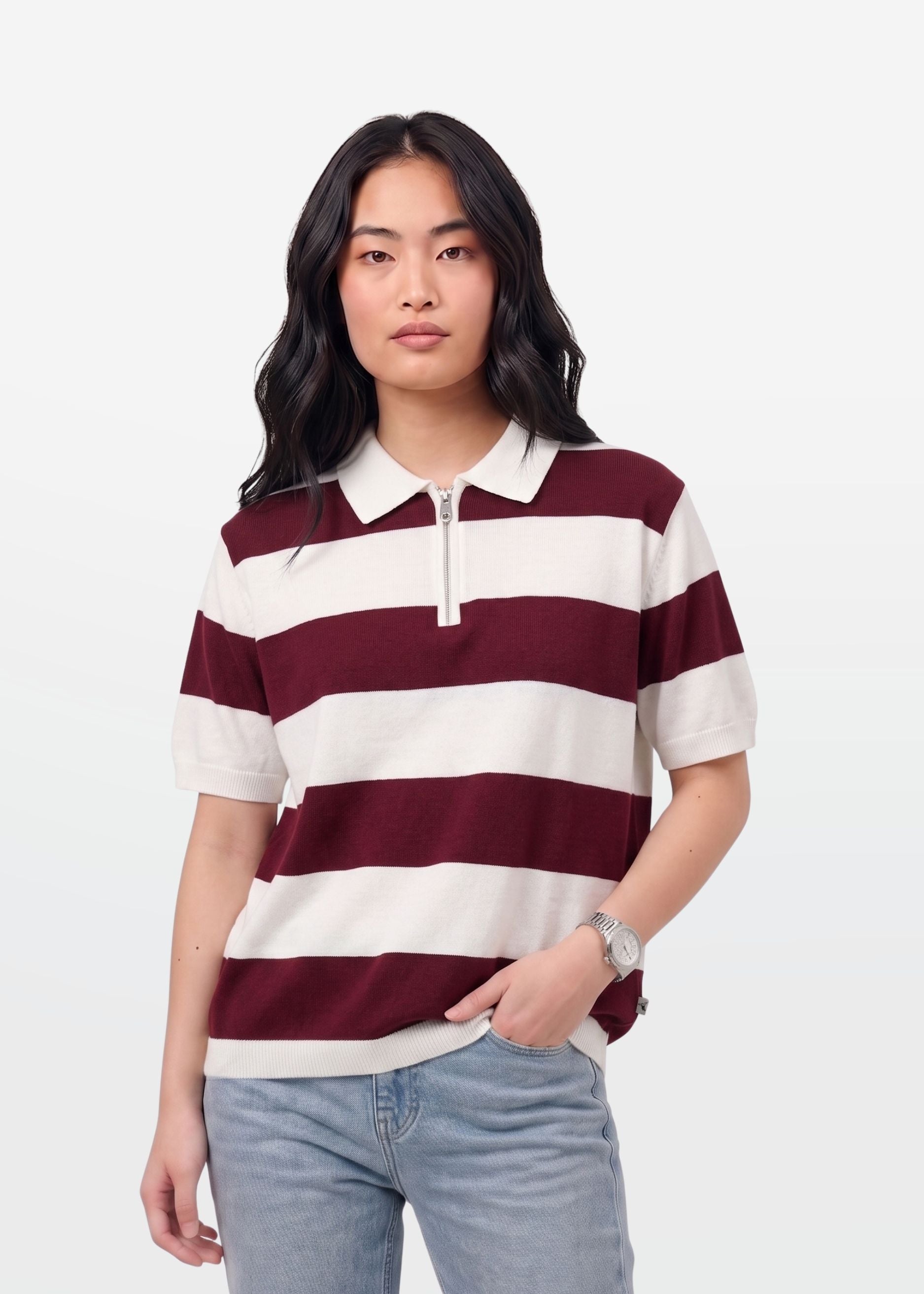 Maroon Block Stripe Zip Polo Shirt