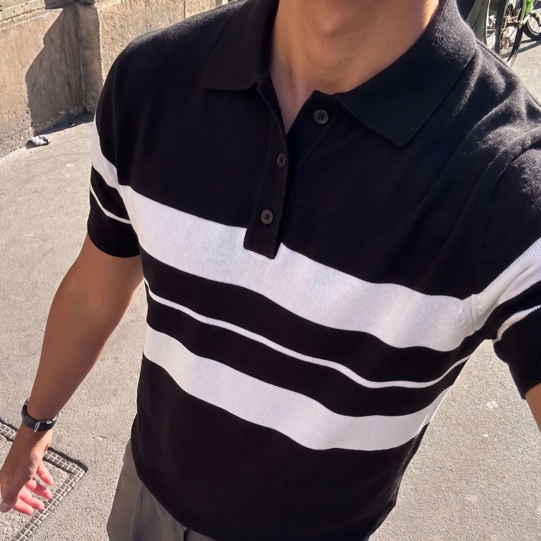 Black Stripe J Collar Knit Polo