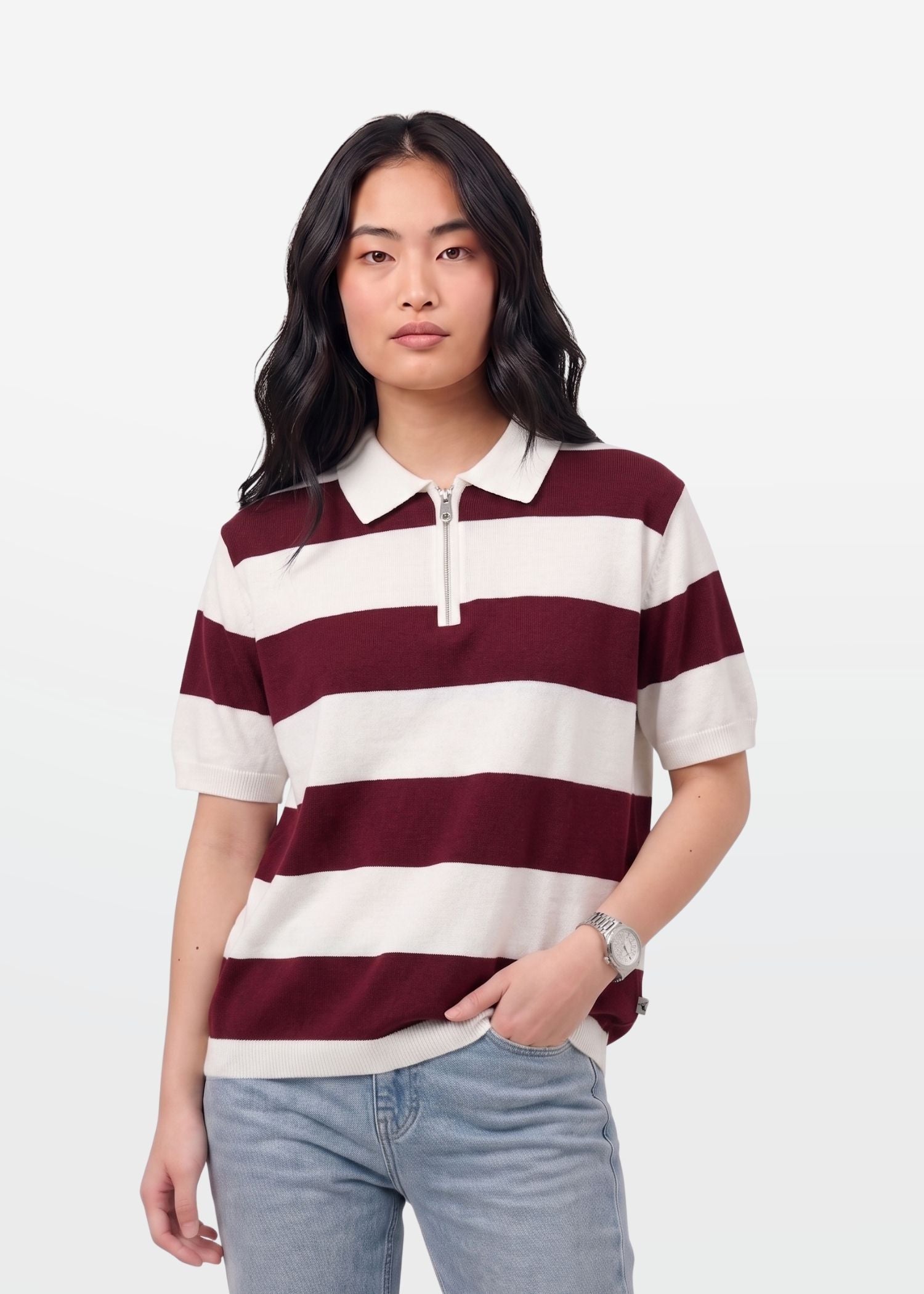 Maroon Block Stripe Zip Polo Shirt