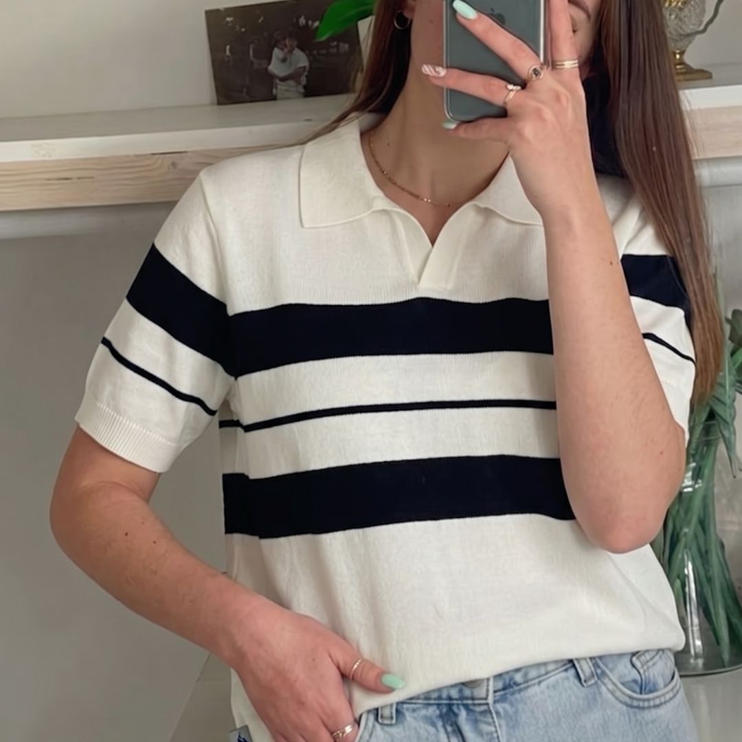 Ivory Stripe J Collar Knit Polo