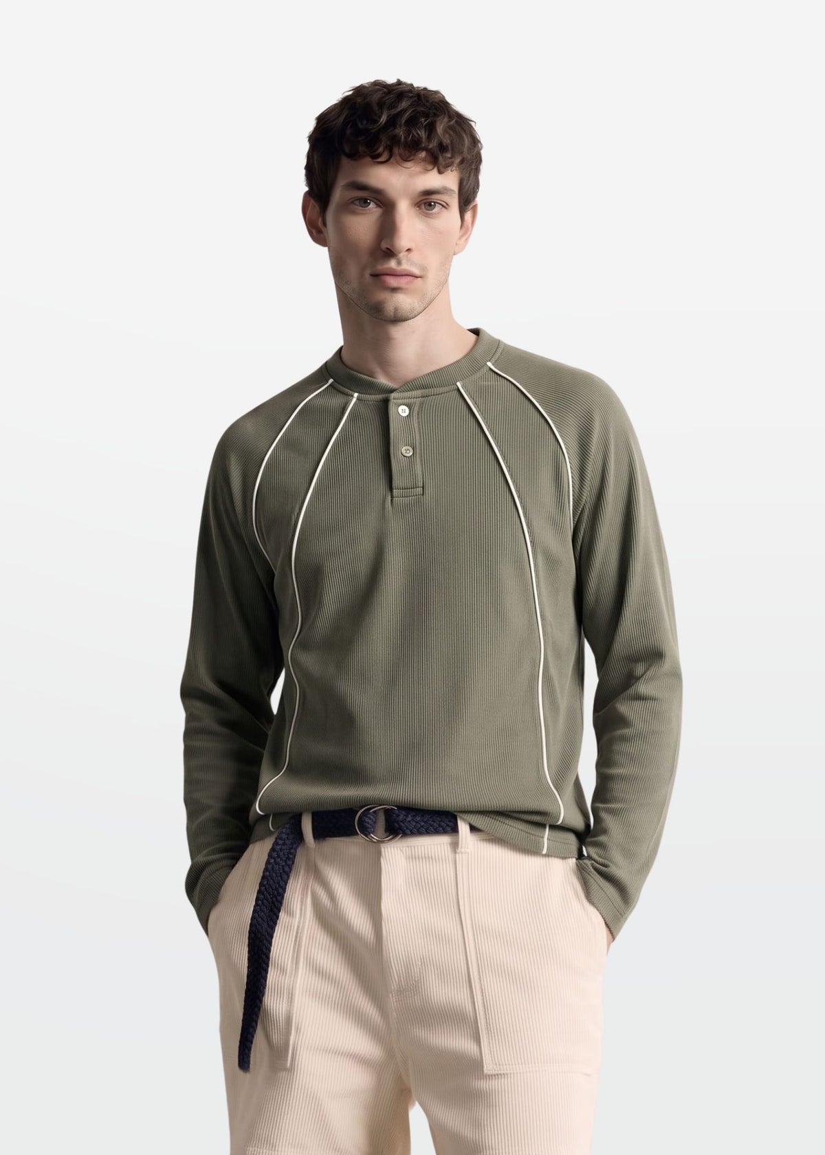 Olive Piped Ribbed Henley