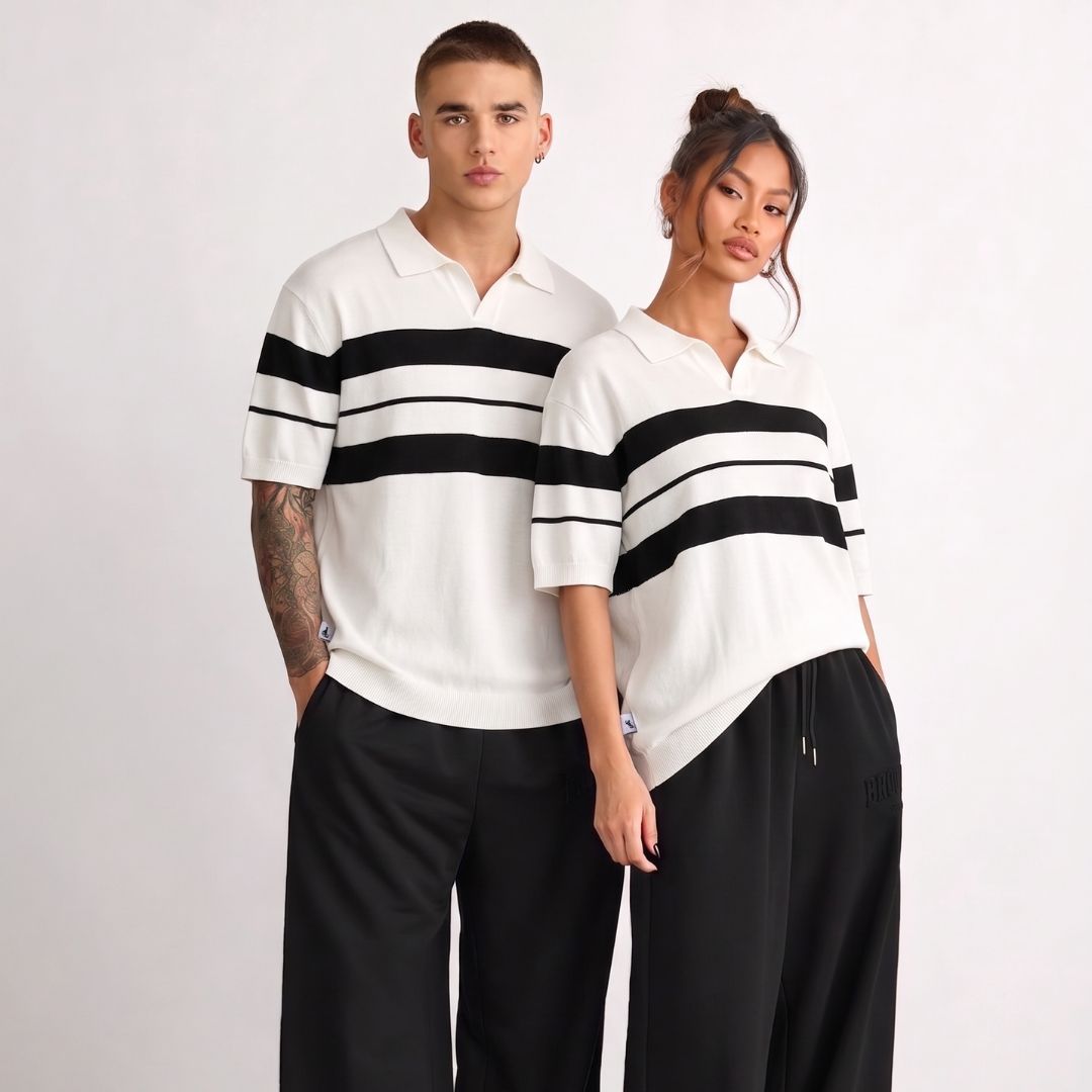 Ivory Stripe J Collar Knit Polo