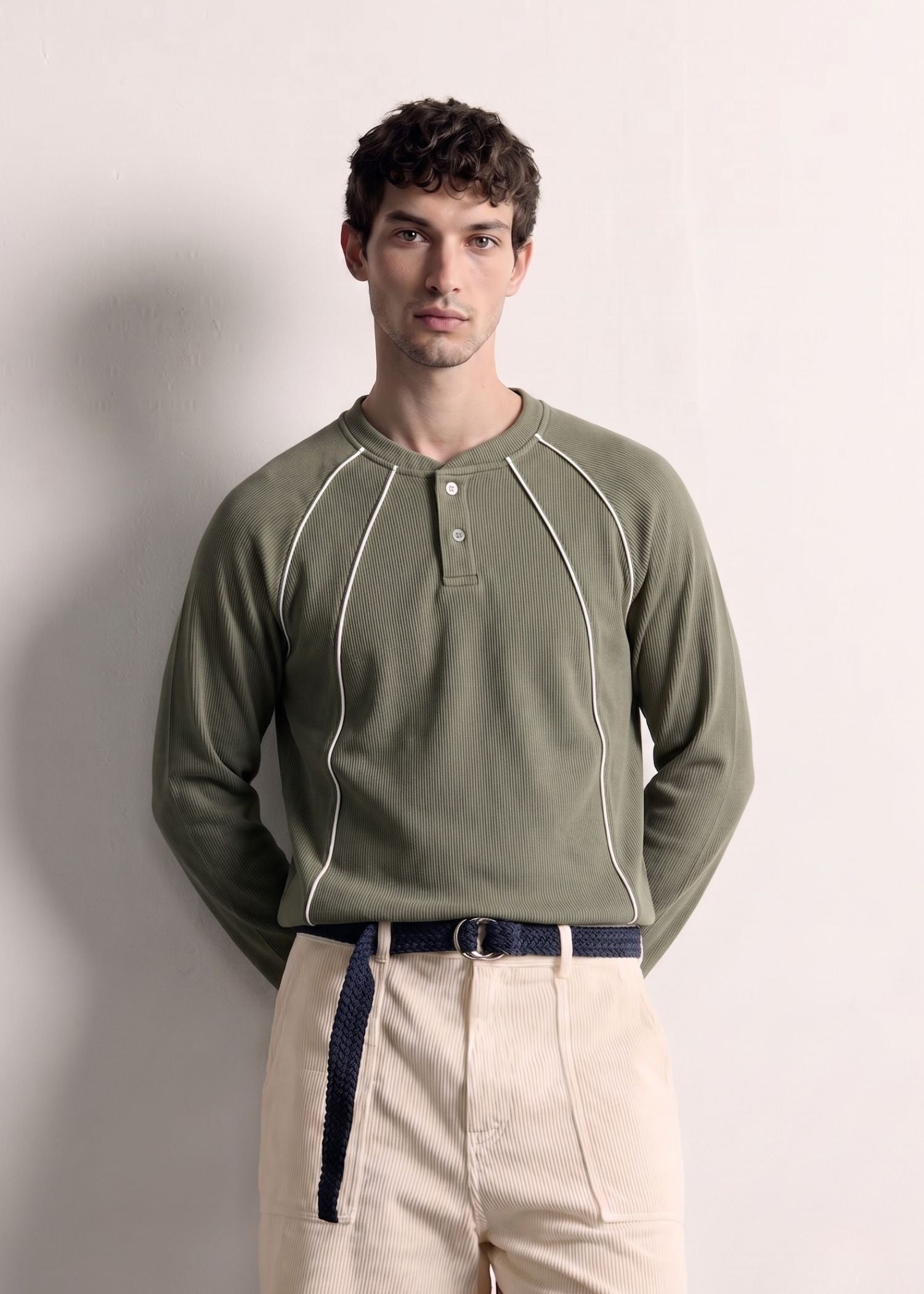 Olive Piped Ribbed Henley — Men's Ribbed Henley India | Eagle Ray