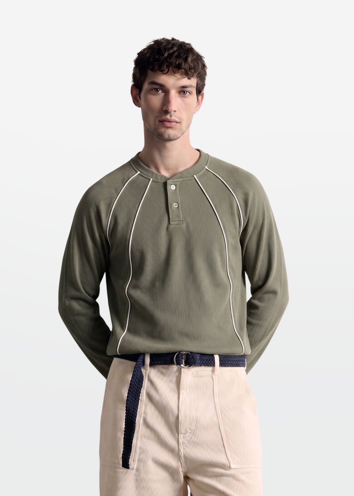 Olive Piped Ribbed Henley — Men's Ribbed Henley India | Eagle Ray