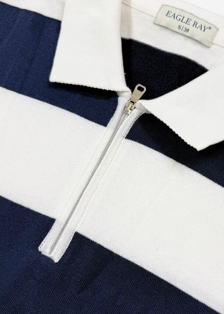 Navy Block Stripe Zip Polo Shirt