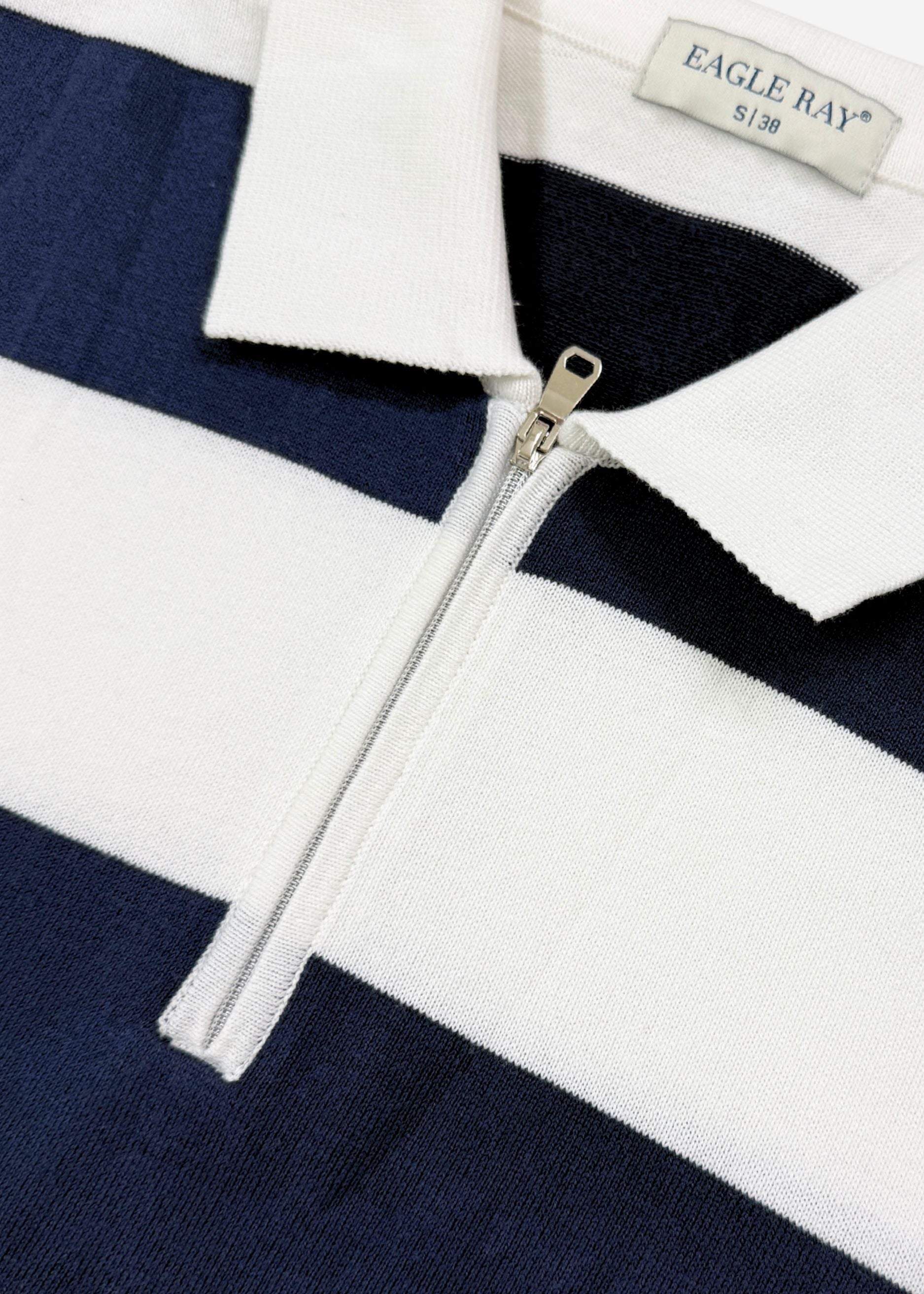 Navy Block Stripe Zip Polo Shirt