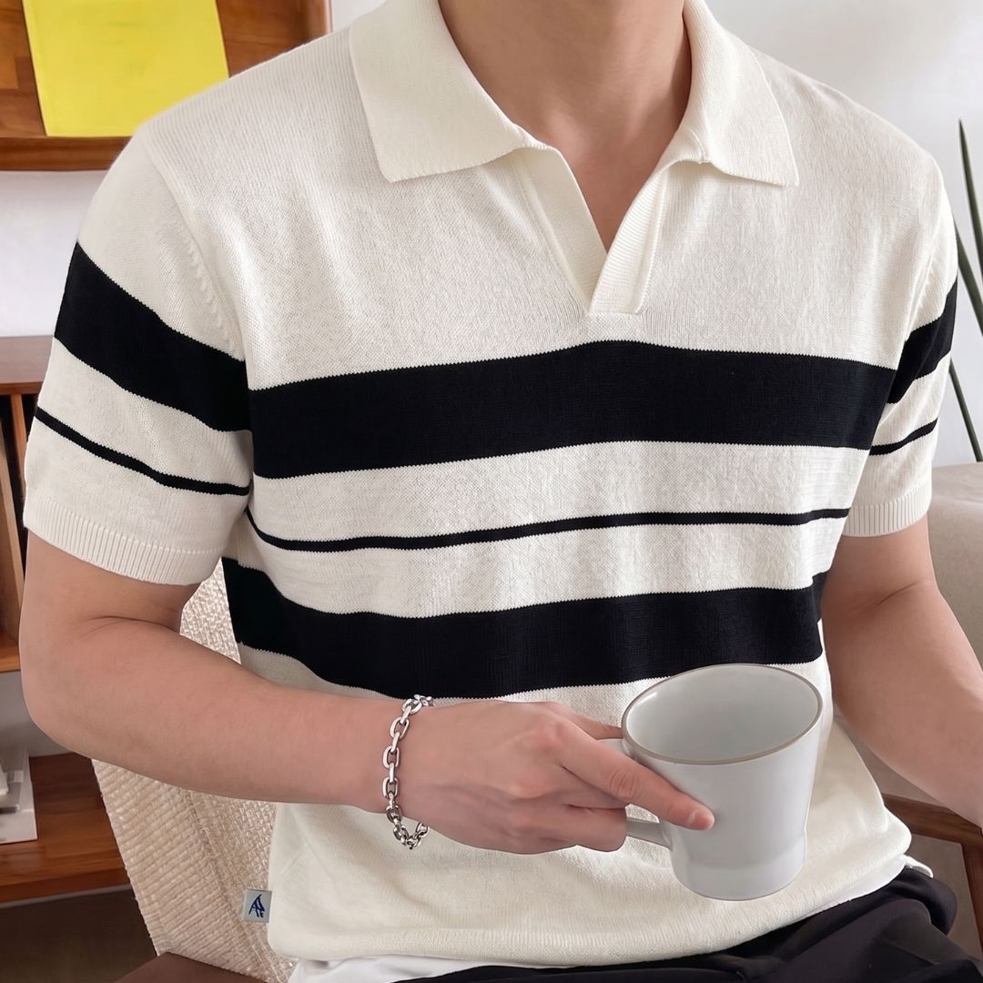 Ivory Stripe J Collar Knit Polo
