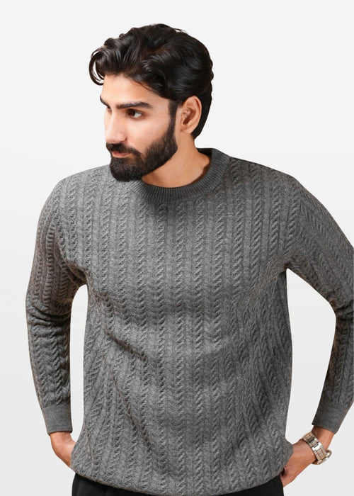 Cable Knit Sweater in Grey — Men's Acrylic Wool Cable Knit Sweater | Eagle Ray
