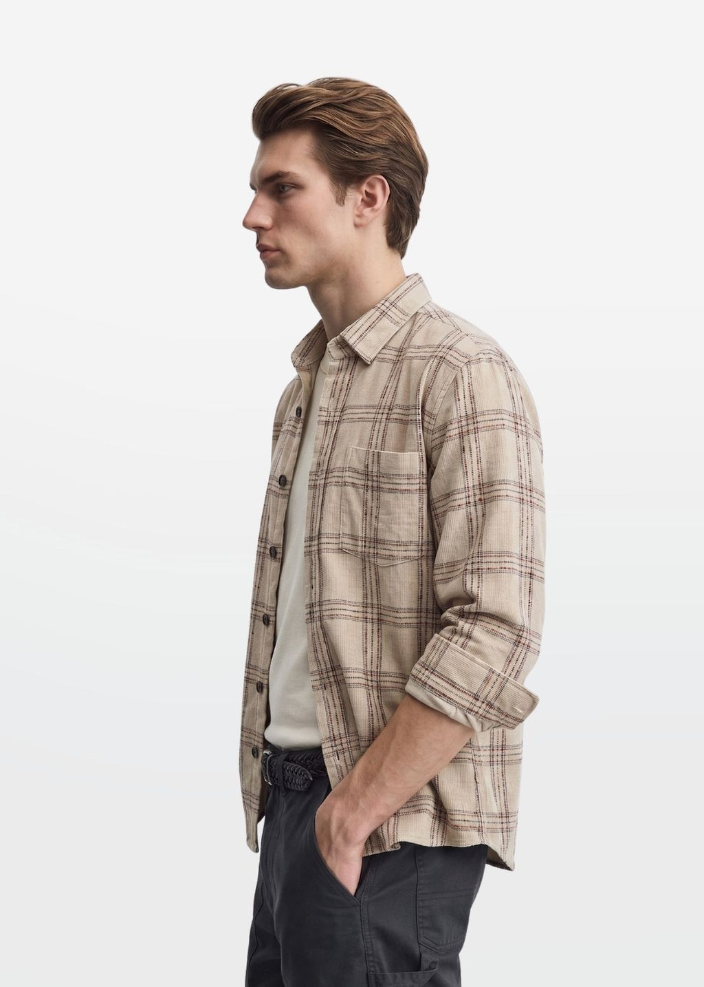 Slub Overshirt in Oatmeal — Men's Check Layering Shirt | Eagle Ray