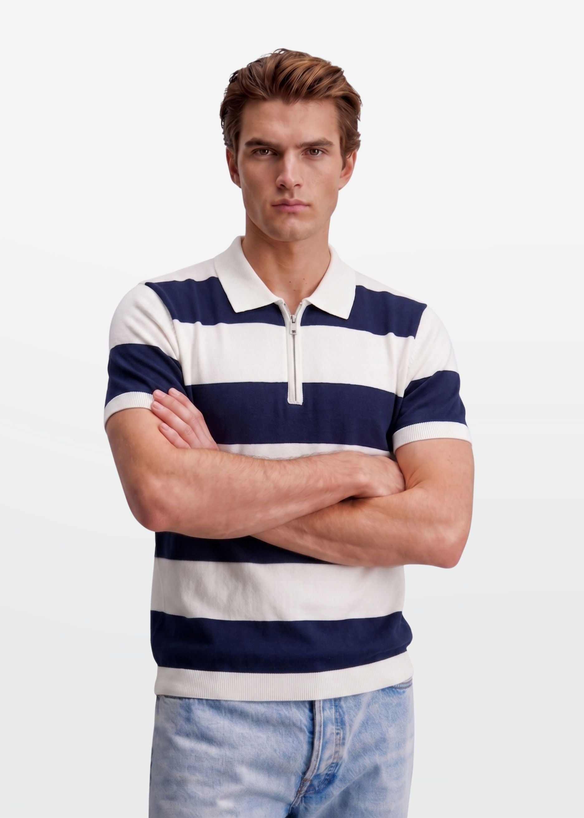 Navy Block Stripe Zip Polo Shirt
